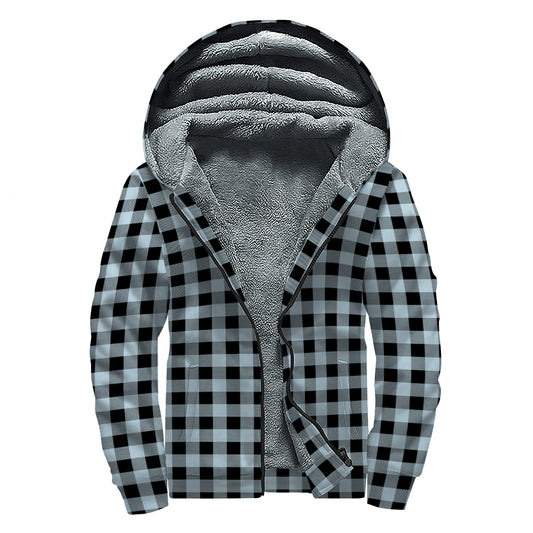 Steel Blue And Black Buffalo Check Print Sherpa Lined Zip Up Hoodie