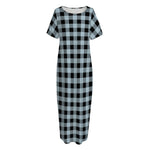 Steel Blue And Black Buffalo Check Print Short Sleeve Long Nightdress