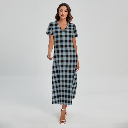 Steel Blue And Black Buffalo Check Print Short Sleeve Maxi Dress
