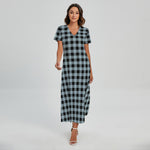 Steel Blue And Black Buffalo Check Print Short Sleeve Maxi Dress