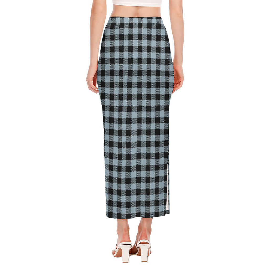 Steel Blue And Black Buffalo Check Print Side Slit Maxi Skirt