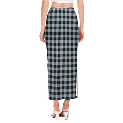 Steel Blue And Black Buffalo Check Print Side Slit Maxi Skirt