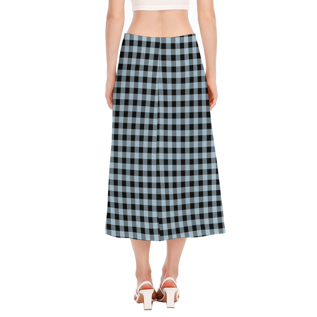 Steel Blue And Black Buffalo Check Print Side Slit Midi Skirt