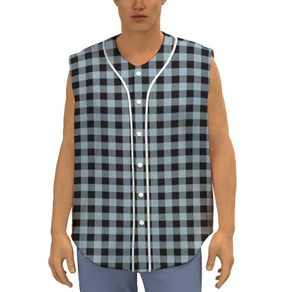 Steel Blue And Black Buffalo Check Print Sleeveless Baseball Jersey