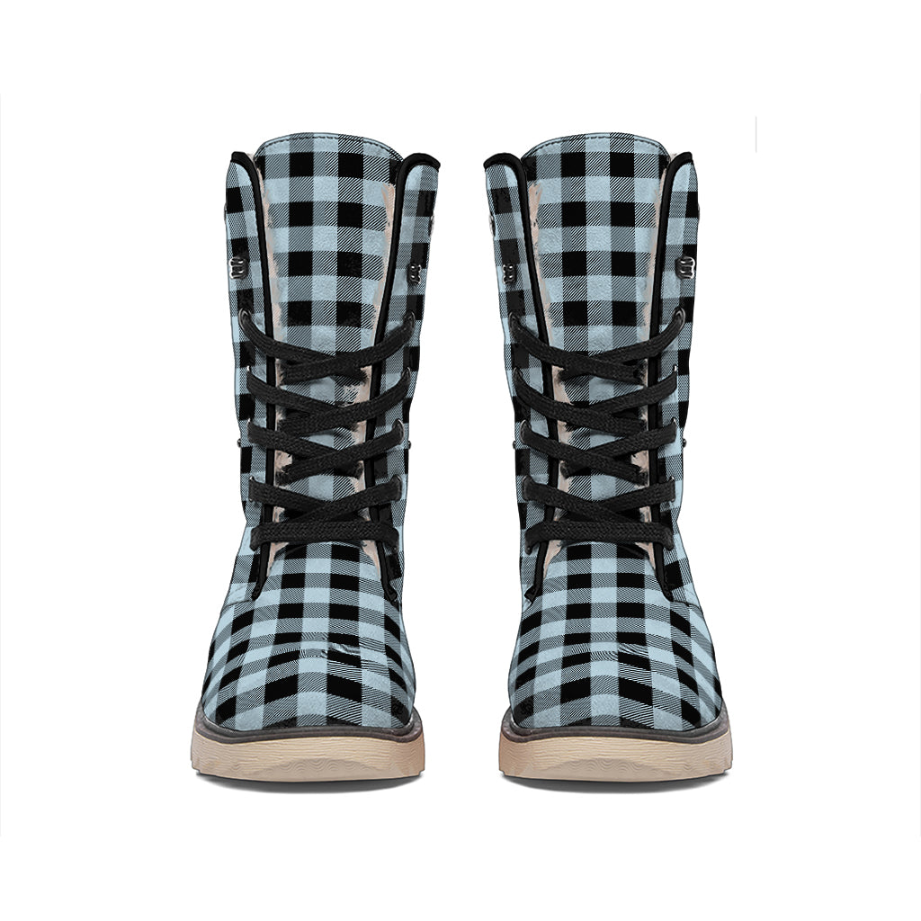 Steel Blue And Black Buffalo Check Print Winter Boots