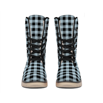 Steel Blue And Black Buffalo Check Print Winter Boots