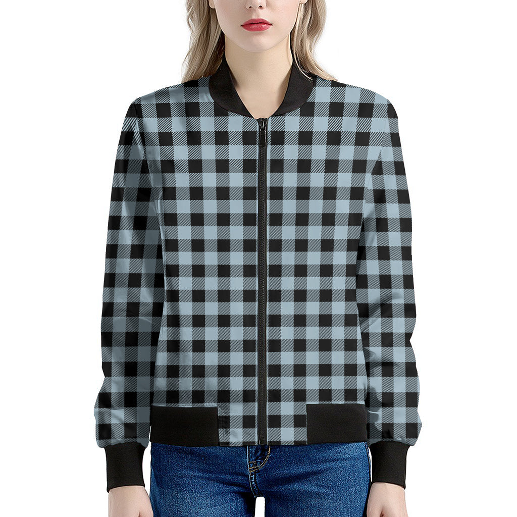 Steel Blue And Black Buffalo Check Print Women's Bomber Jacket