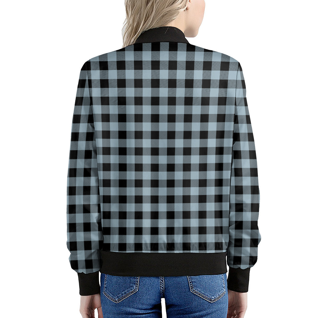 Steel Blue And Black Buffalo Check Print Women's Bomber Jacket