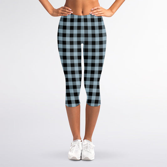 Steel Blue And Black Buffalo Check Print Women's Capri Leggings