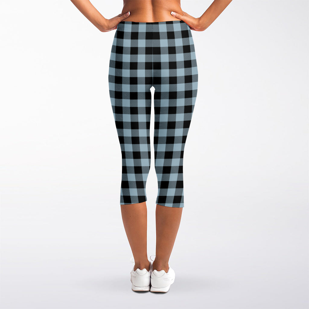 Steel Blue And Black Buffalo Check Print Women's Capri Leggings