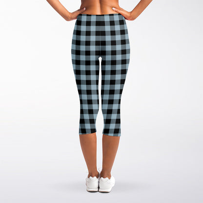 Steel Blue And Black Buffalo Check Print Women's Capri Leggings