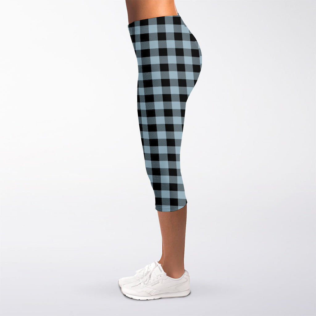 Steel Blue And Black Buffalo Check Print Women's Capri Leggings