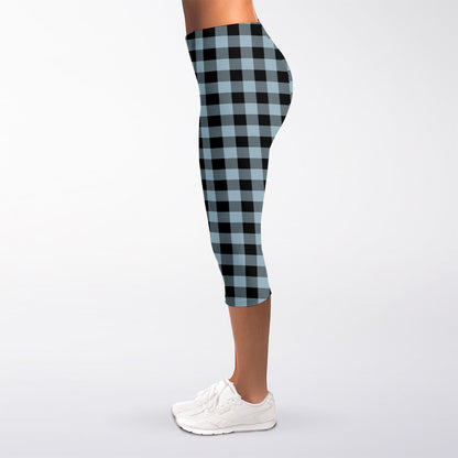 Steel Blue And Black Buffalo Check Print Women's Capri Leggings