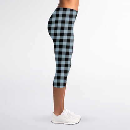 Steel Blue And Black Buffalo Check Print Women's Capri Leggings