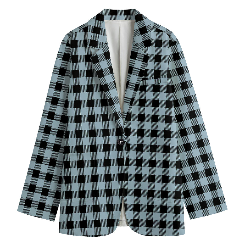 Steel Blue And Black Buffalo Check Print Women's Cotton Blazer