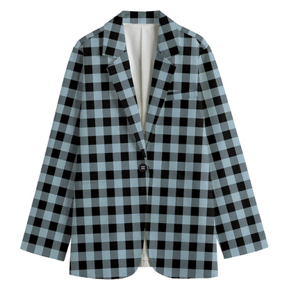 Steel Blue And Black Buffalo Check Print Women's Cotton Blazer