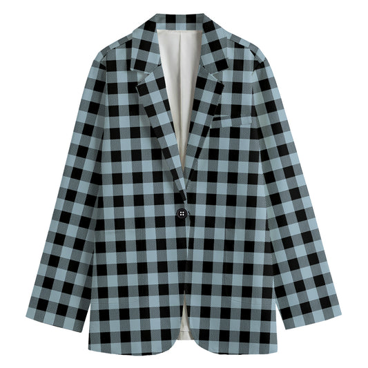 Steel Blue And Black Buffalo Check Print Women's Cotton Blazer