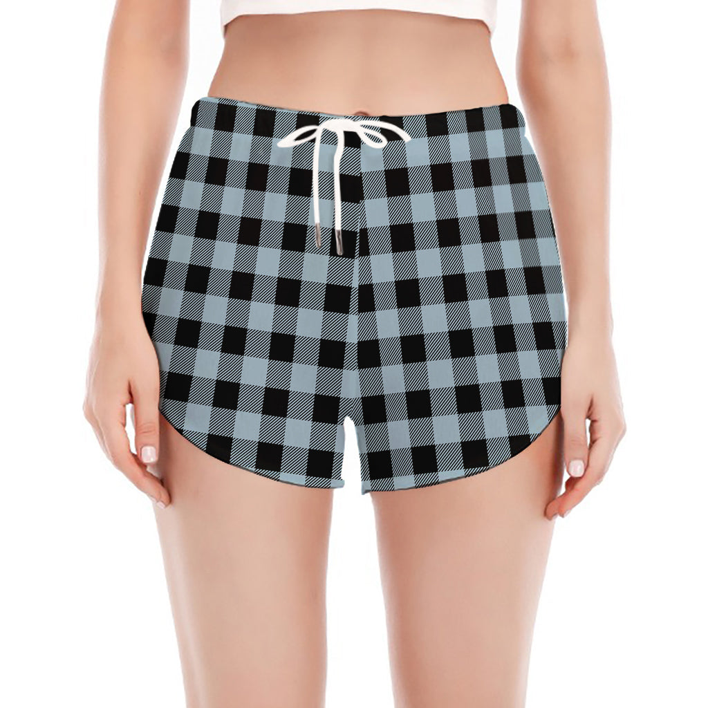 Steel Blue And Black Buffalo Check Print Women's Split Running Shorts