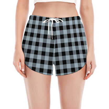 Steel Blue And Black Buffalo Check Print Women's Split Running Shorts