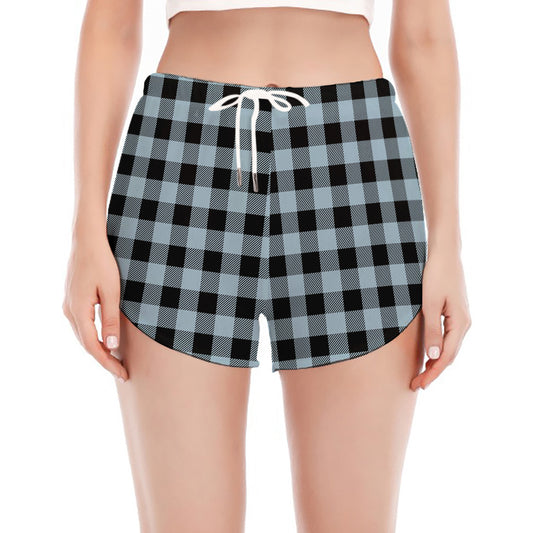 Steel Blue And Black Buffalo Check Print Women's Split Running Shorts