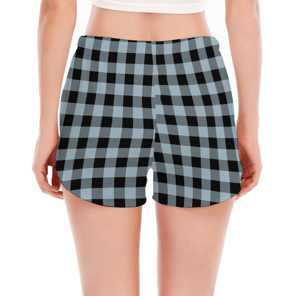 Steel Blue And Black Buffalo Check Print Women's Split Running Shorts