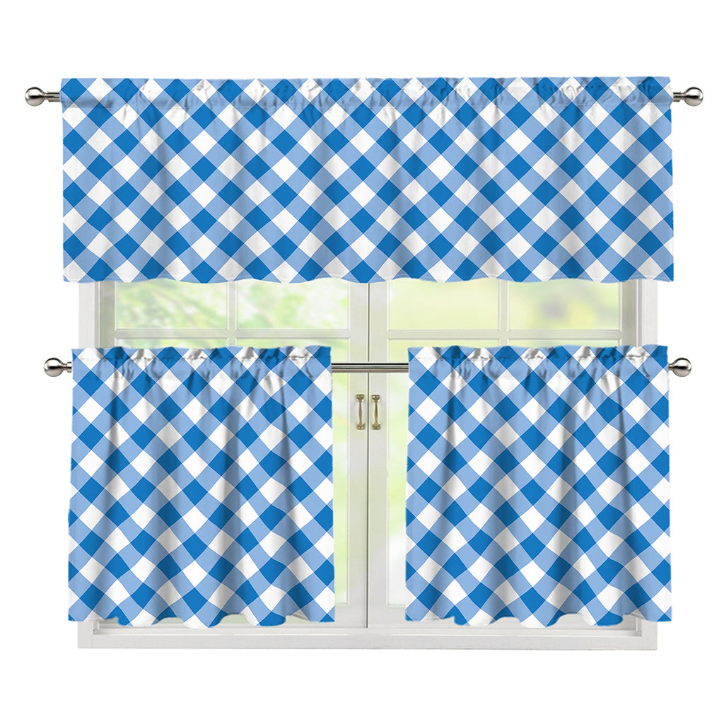 Steel Blue And White Gingham Print 3 Piece Kitchen Curtains