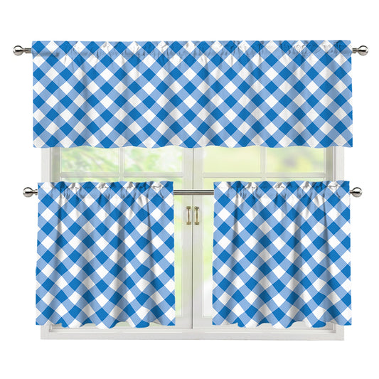 Steel Blue And White Gingham Print 3 Piece Kitchen Curtains
