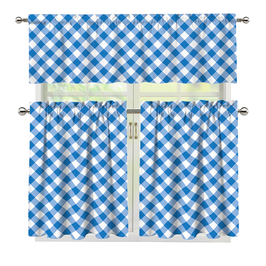 Steel Blue And White Gingham Print 3 Piece Kitchen Curtains