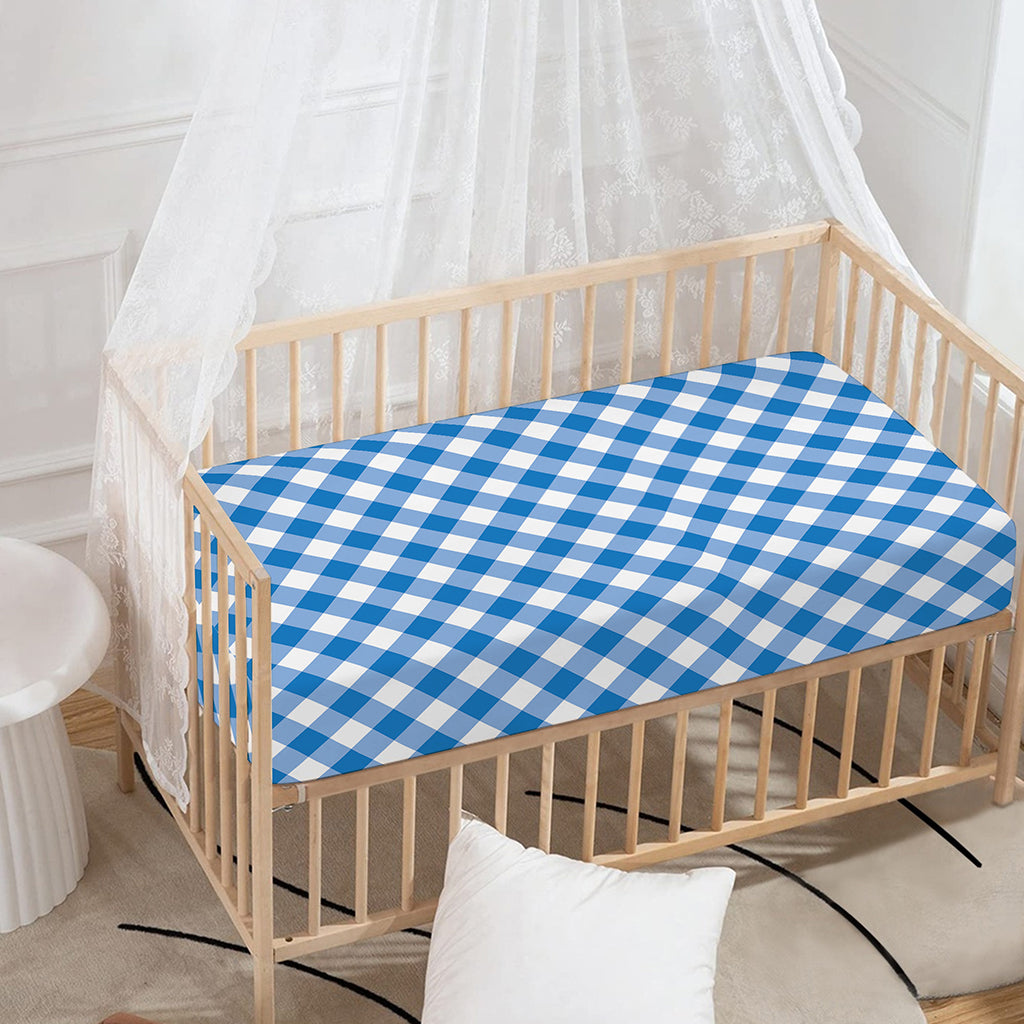 Steel Blue And White Gingham Print Baby Crib Sheet