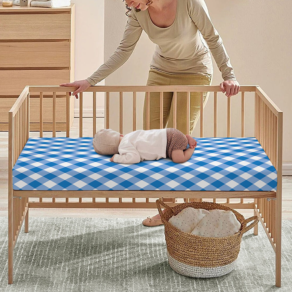 Steel Blue And White Gingham Print Baby Crib Sheet