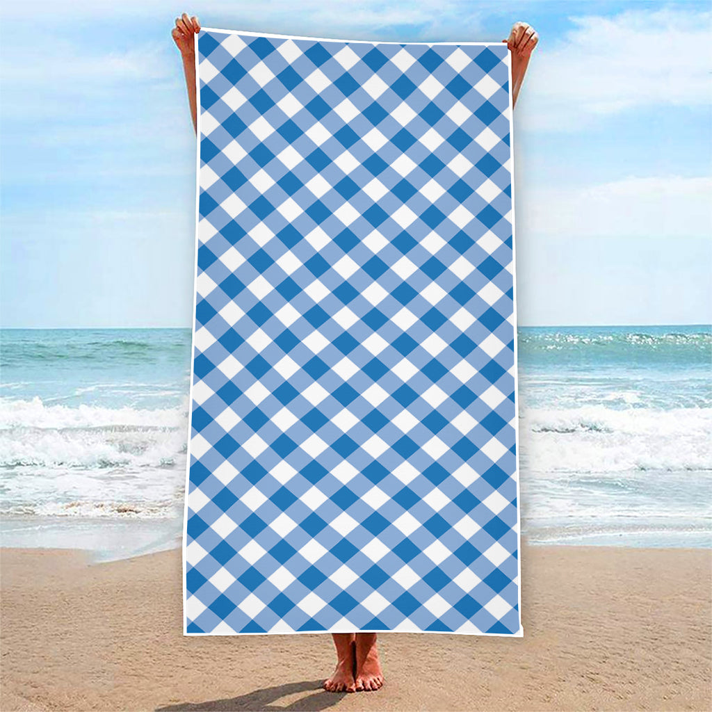 Steel Blue And White Gingham Print Beach Towel