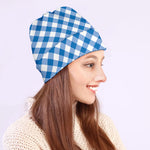 Steel Blue And White Gingham Print Beanie