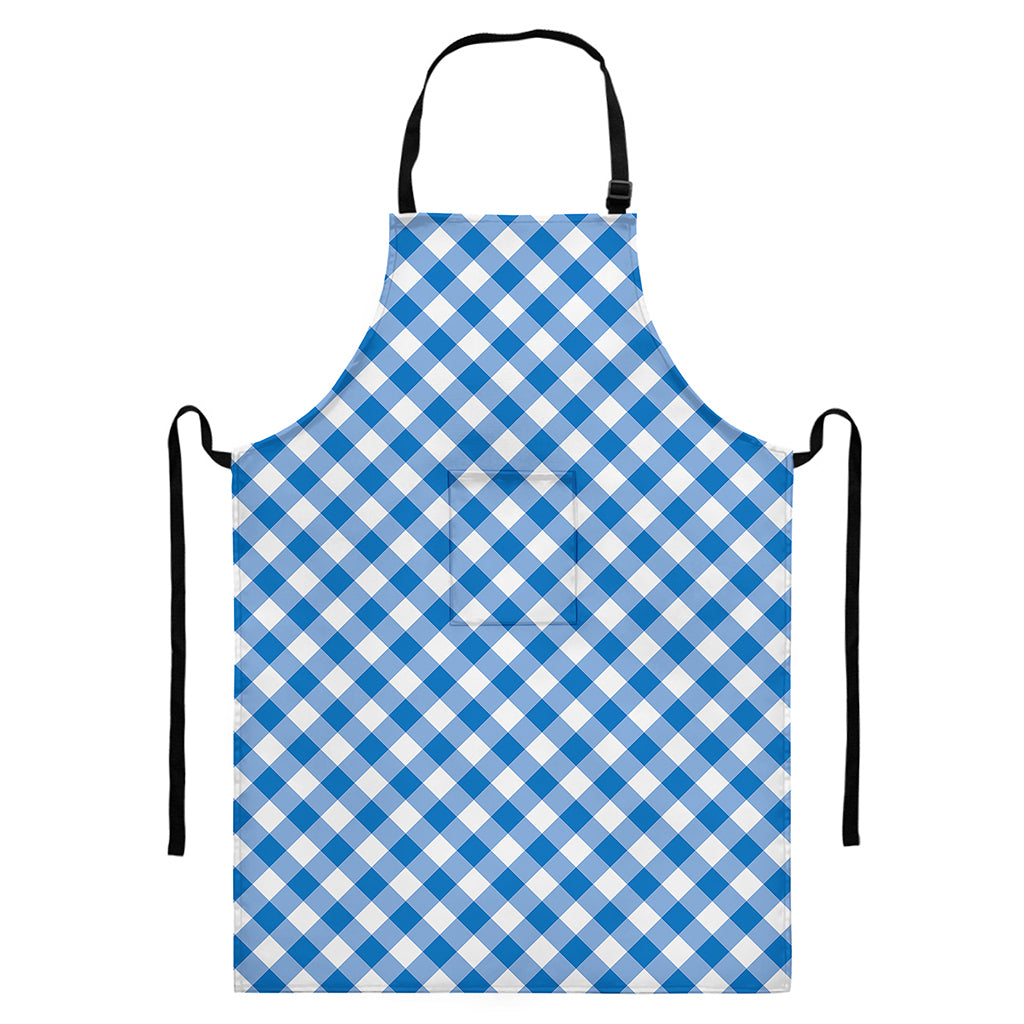 Steel Blue And White Gingham Print Bib Apron With Pocket