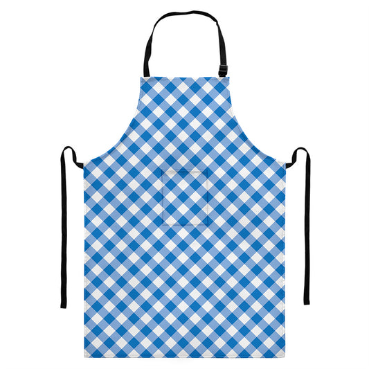 Steel Blue And White Gingham Print Bib Apron With Pocket