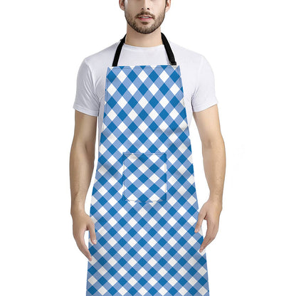Steel Blue And White Gingham Print Bib Apron With Pocket