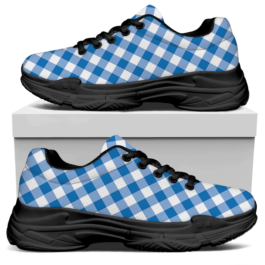Steel Blue And White Gingham Print Black Chunky Shoes