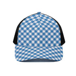 Steel Blue And White Gingham Print Black Mesh Trucker Cap