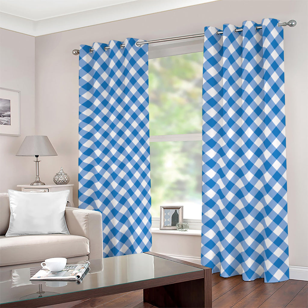 Steel Blue And White Gingham Print Blackout Grommet Curtains