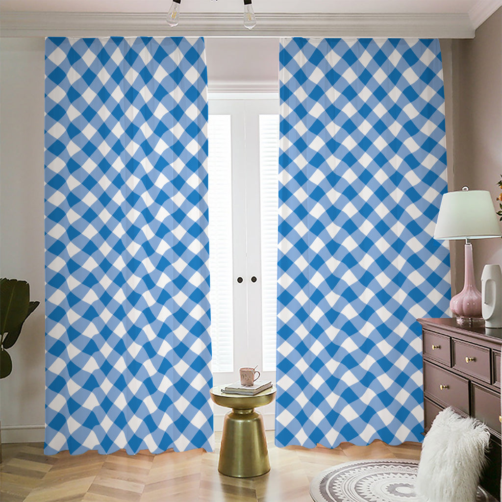 Steel Blue And White Gingham Print Blackout Pencil Pleat Curtains