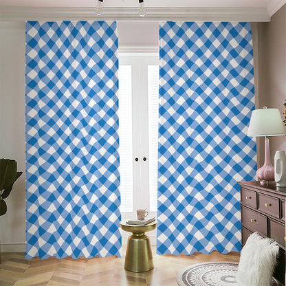 Steel Blue And White Gingham Print Blackout Pencil Pleat Curtains