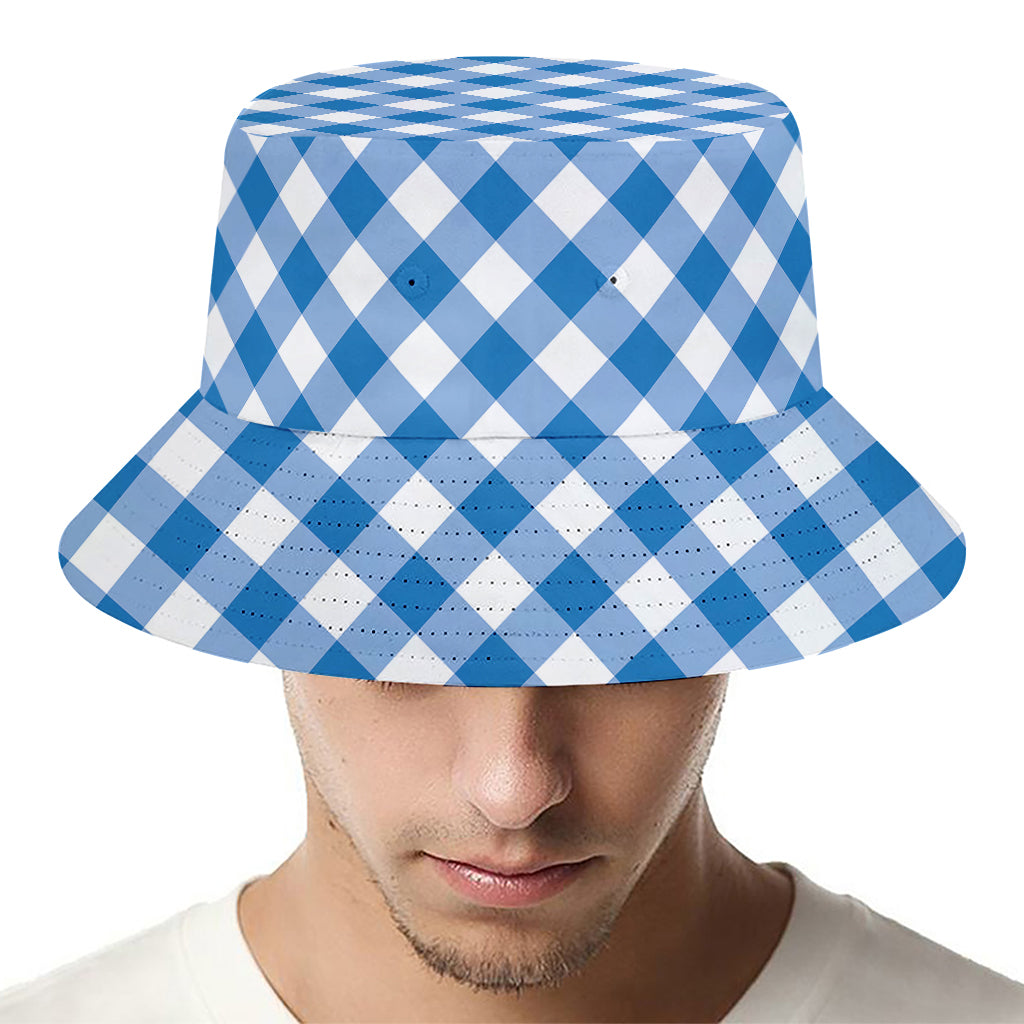 Steel Blue And White Gingham Print Bucket Hat