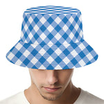 Steel Blue And White Gingham Print Bucket Hat