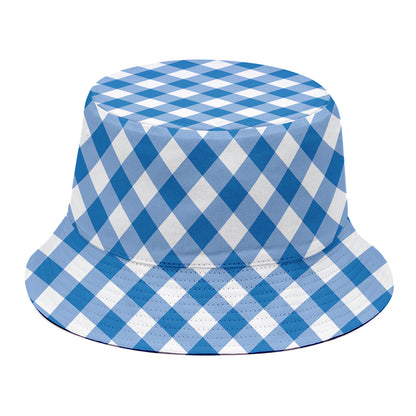 Steel Blue And White Gingham Print Bucket Hat