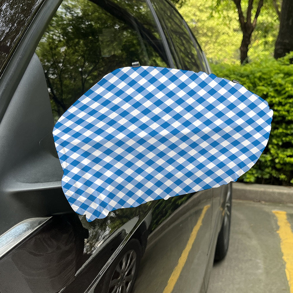 Steel Blue And White Gingham Print Car Side Mirror Covers
