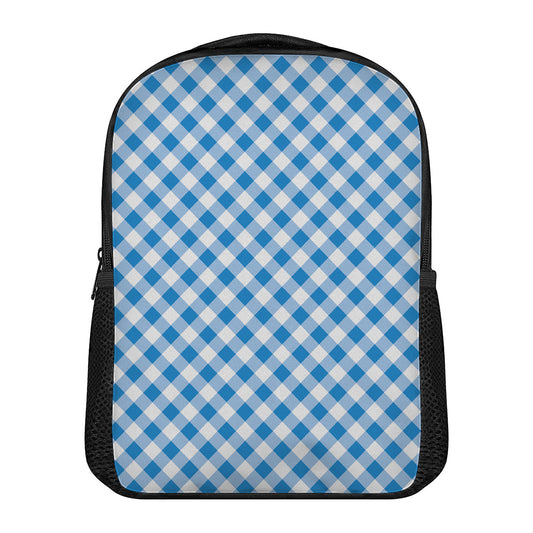 Steel Blue And White Gingham Print Casual Backpack
