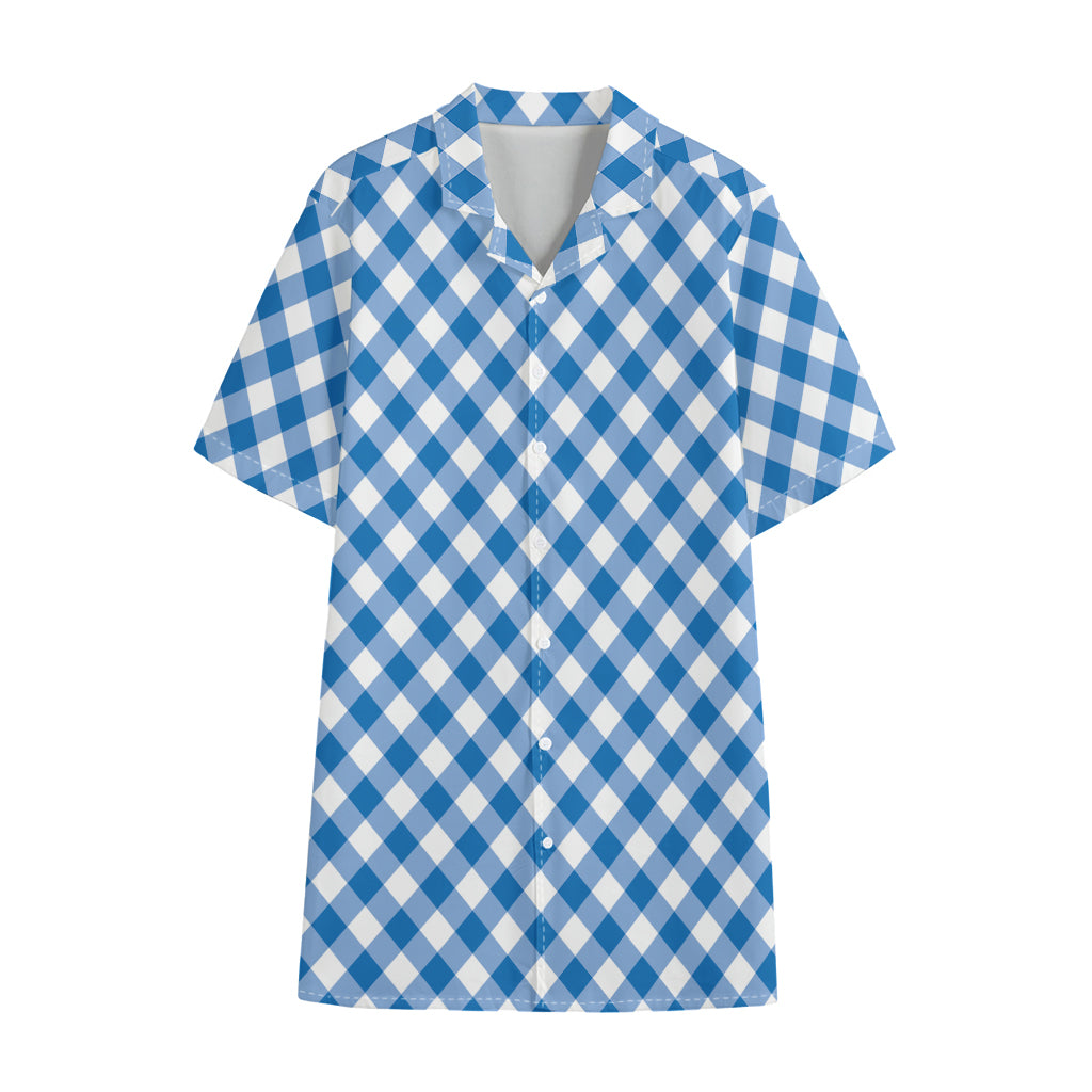 Steel Blue And White Gingham Print Cotton Hawaiian Shirt