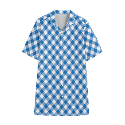 Steel Blue And White Gingham Print Cotton Hawaiian Shirt