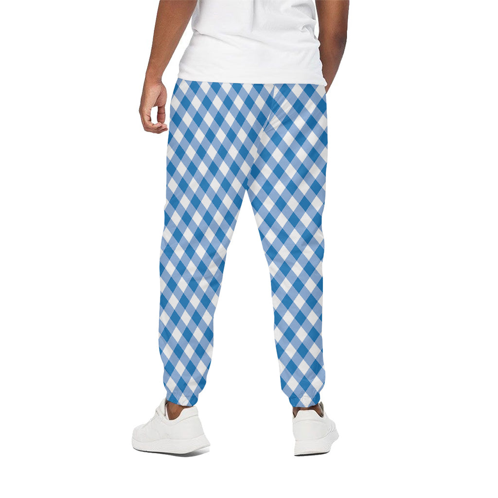 Steel Blue And White Gingham Print Cotton Pants