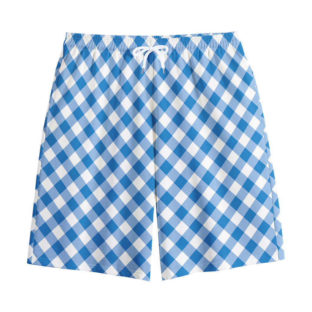 Steel Blue And White Gingham Print Cotton Shorts