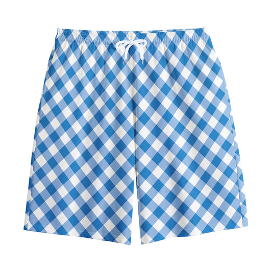 Steel Blue And White Gingham Print Cotton Shorts